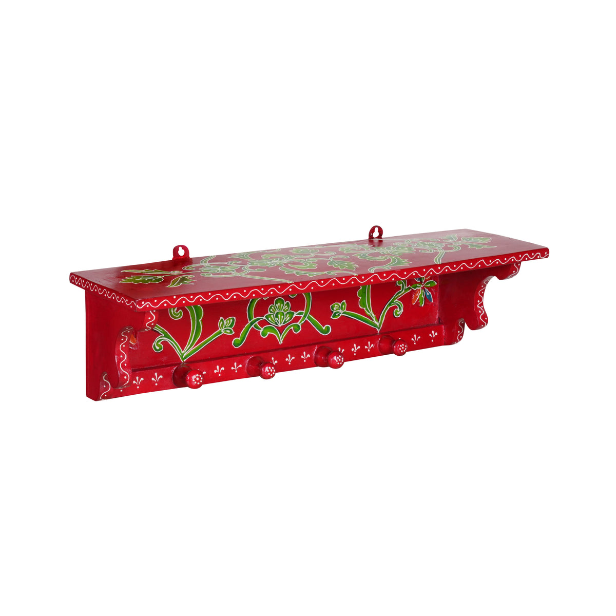 Handcrafted Rajasthani Wooden Wall Shelf with Hooks – Vibrant Design & Practical Storage