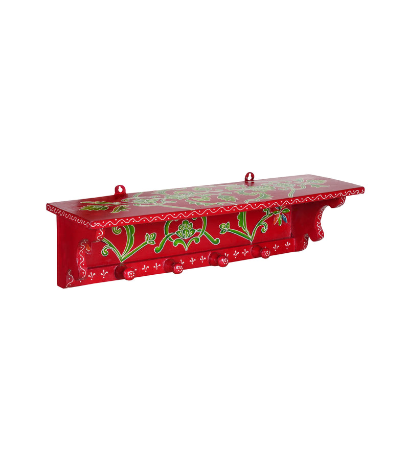 Handcrafted Rajasthani Wooden Wall Shelf with Hooks – Vibrant Design & Practical Storage