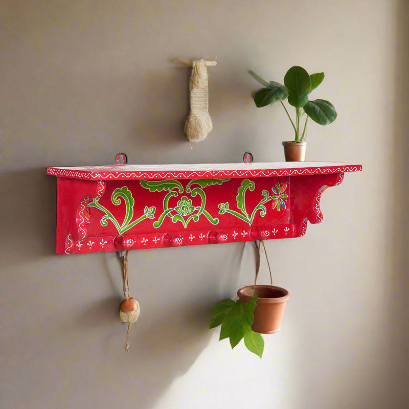 Handcrafted Rajasthani Wooden Wall Shelf with Hooks – Vibrant Design & Practical Storage