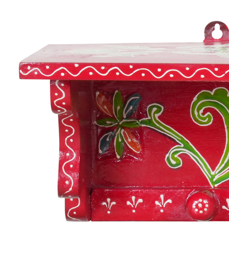 Handcrafted Rajasthani Wooden Wall Shelf with Hooks – Vibrant Design & Practical Storage