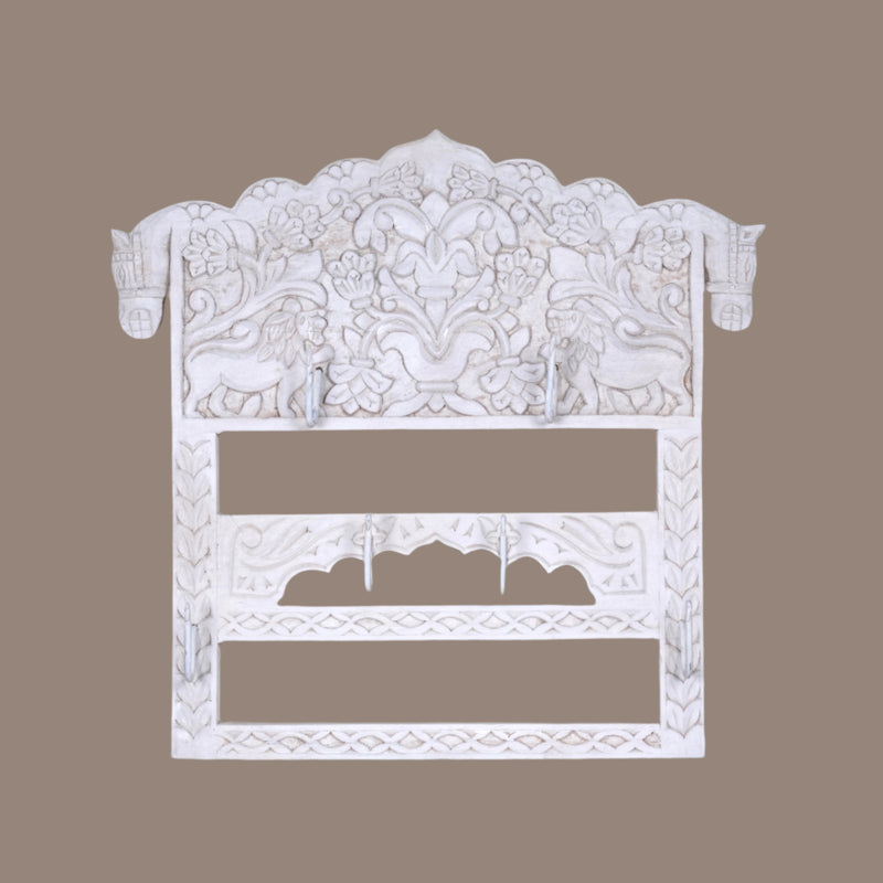 Handcrafted Wooden Wall Hanger with Intricate Carved Detailing - Rustic Charm