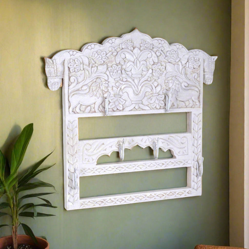 Handcrafted Wooden Wall Hanger with Intricate Carved Detailing - Rustic Charm