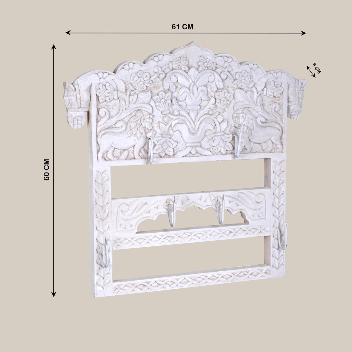 Handcrafted Wooden Wall Hanger with Intricate Carved Detailing - Rustic Charm