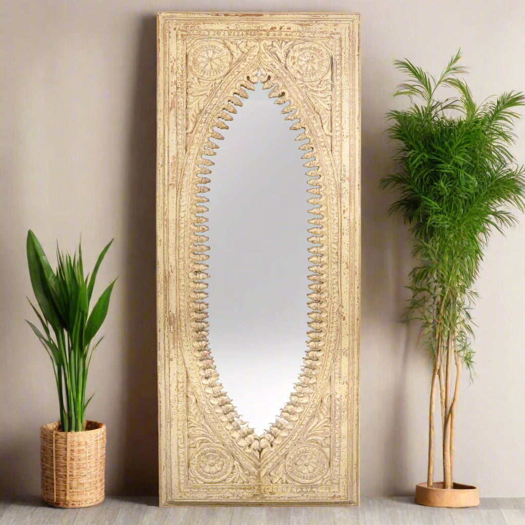Handcrafted Wooden Wall Mirror with Intricate Carved Frame