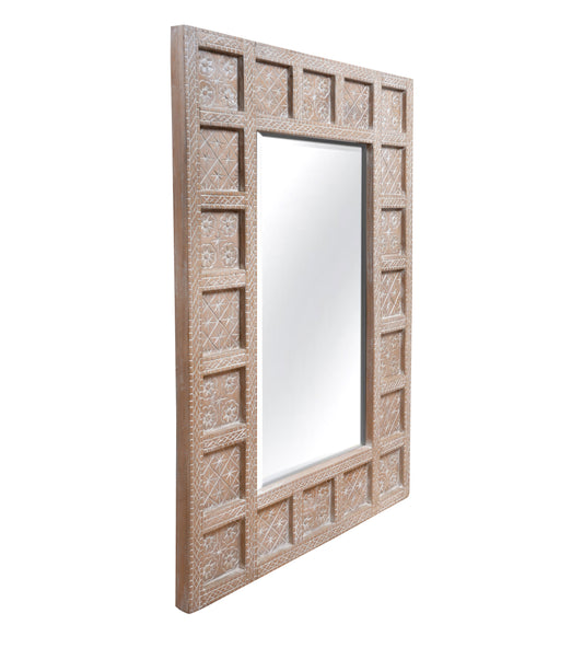 Viraasat Mirror - Vintage Wooden Mirror Frame with Geometric & Floral Carvings
