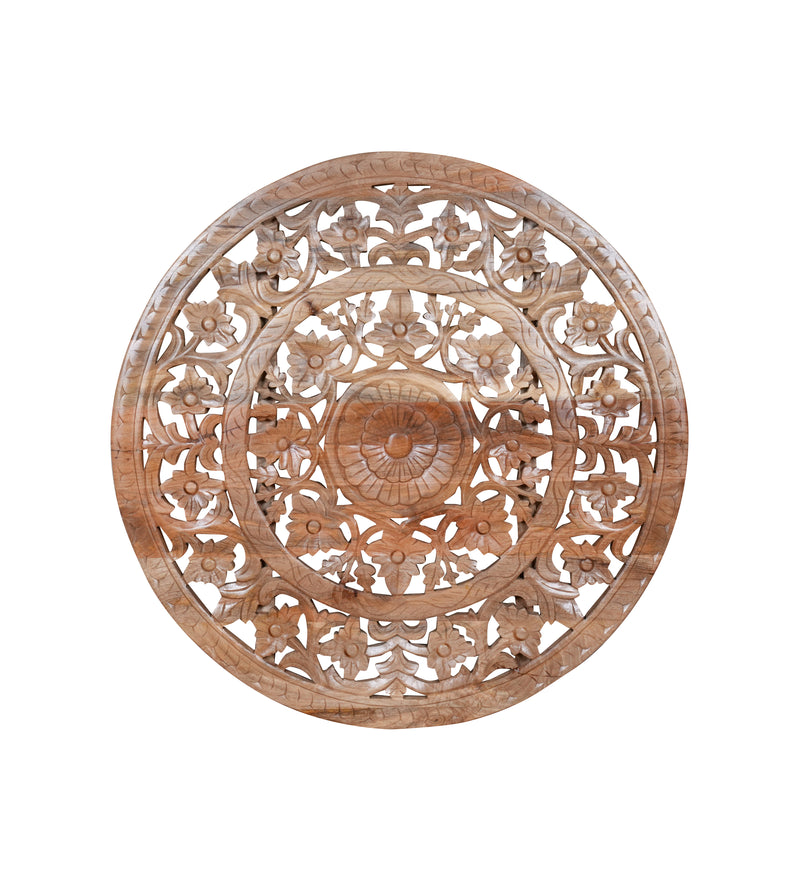 Pushkar Panel - Hand-Carved Round Wooden Wall Decor with Floral Motifs