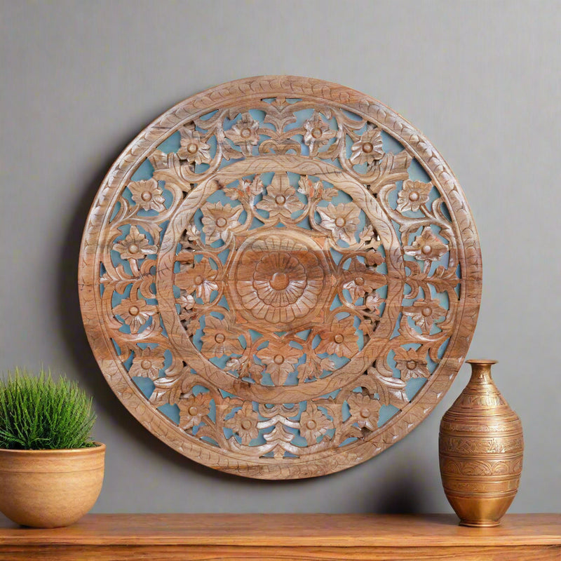 Pushkar Panel - Hand-Carved Round Wooden Wall Decor with Floral Motifs