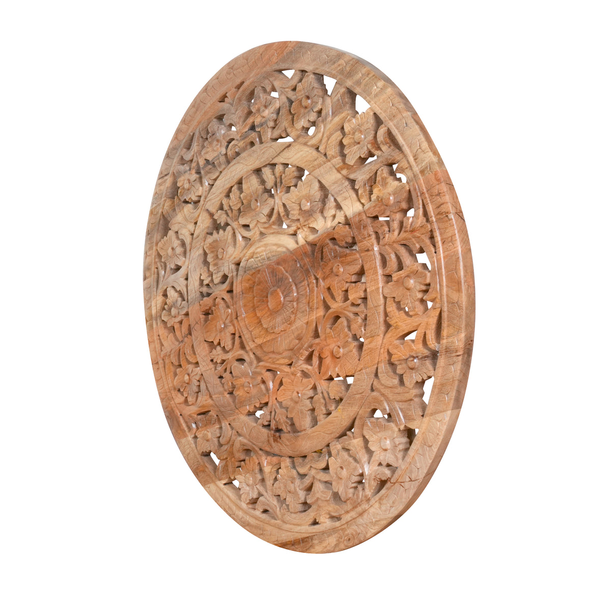Pushkar Panel - Hand-Carved Round Wooden Wall Decor with Floral Motifs