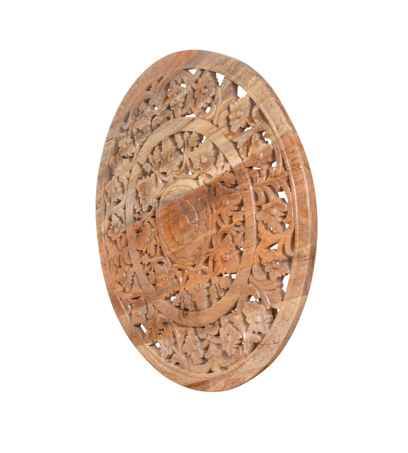 Pushkar Panel - Hand-Carved Round Wooden Wall Decor with Floral Motifs