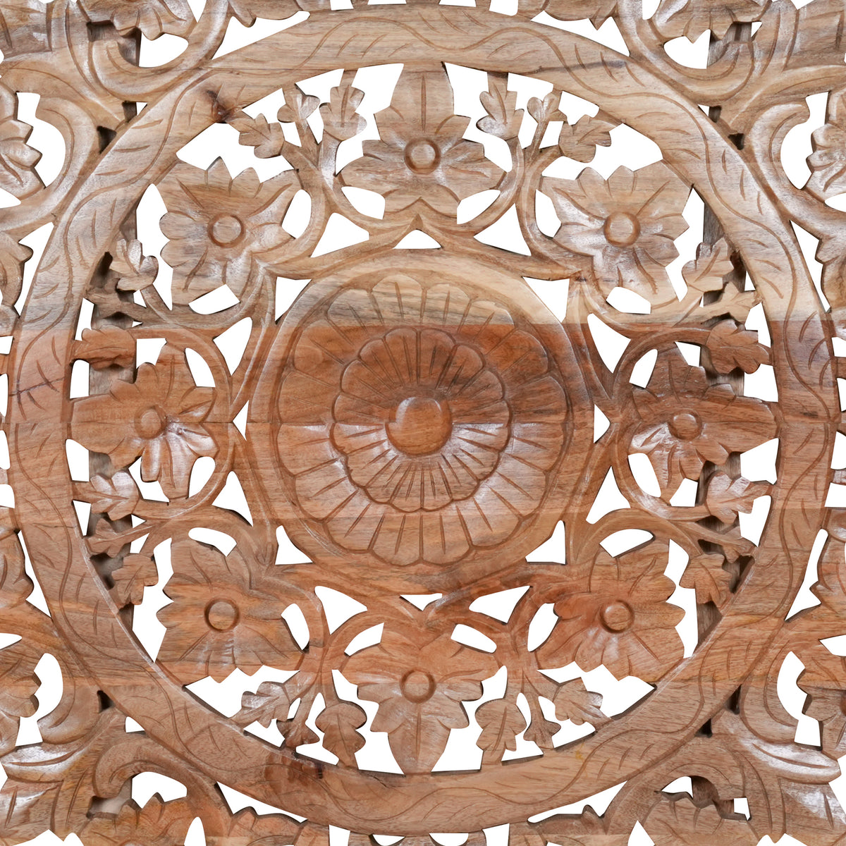 Pushkar Panel - Hand-Carved Round Wooden Wall Decor with Floral Motifs