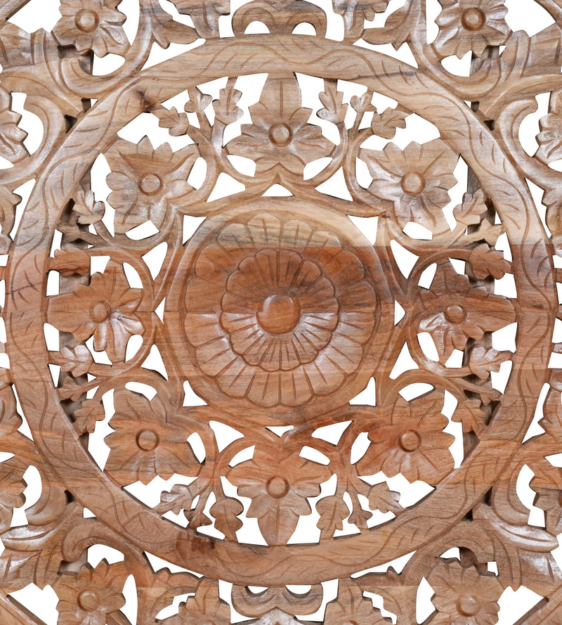 Pushkar Panel - Hand-Carved Round Wooden Wall Decor with Floral Motifs