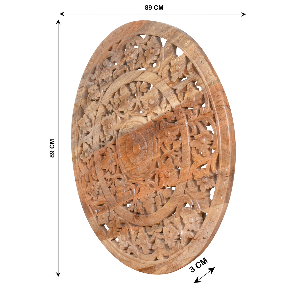 Pushkar Panel - Hand-Carved Round Wooden Wall Decor with Floral Motifs
