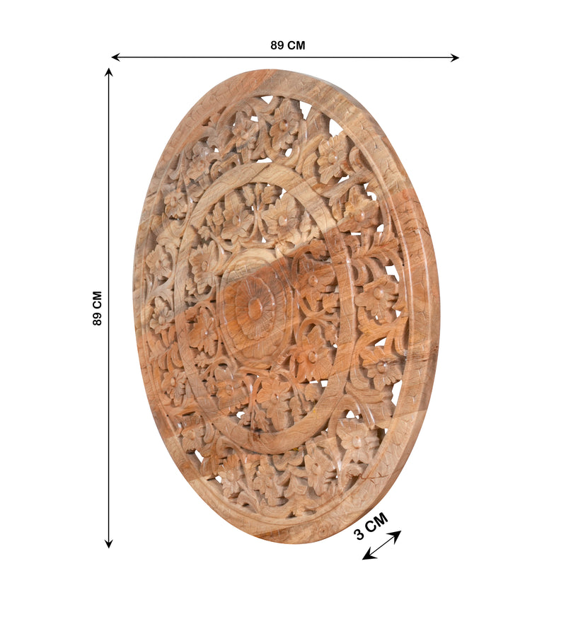 Pushkar Panel - Hand-Carved Round Wooden Wall Decor with Floral Motifs