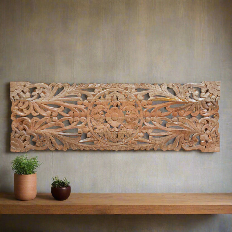 Aranya Panel - Hand-Carved Wooden Wall Panel with Botanical Motifs