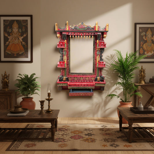 The Royal Chamber Jharokha - Grand Hand-Painted Wooden Jharokha Wall Frame with Storage