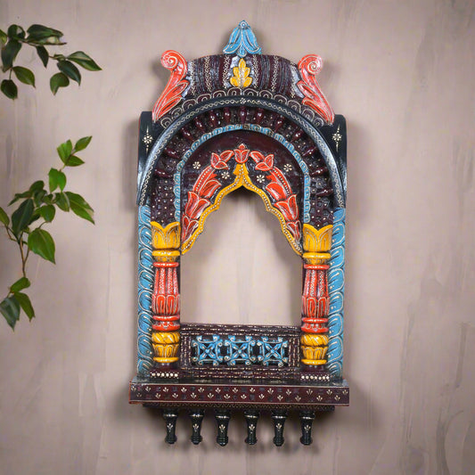 The Rajasthani Royal Window - Hand-Carved & Painted Wooden Jharokha Mandir