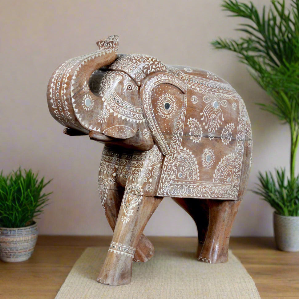 Handcrafted Rajasthani Wooden Elephant Sculpture – Intricate Detailing