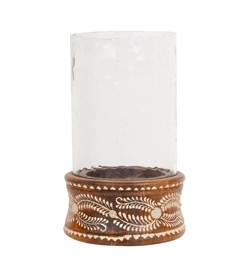 Handcrafted Rajasthani Wooden and Glass Candleholder – Elegant Illumination