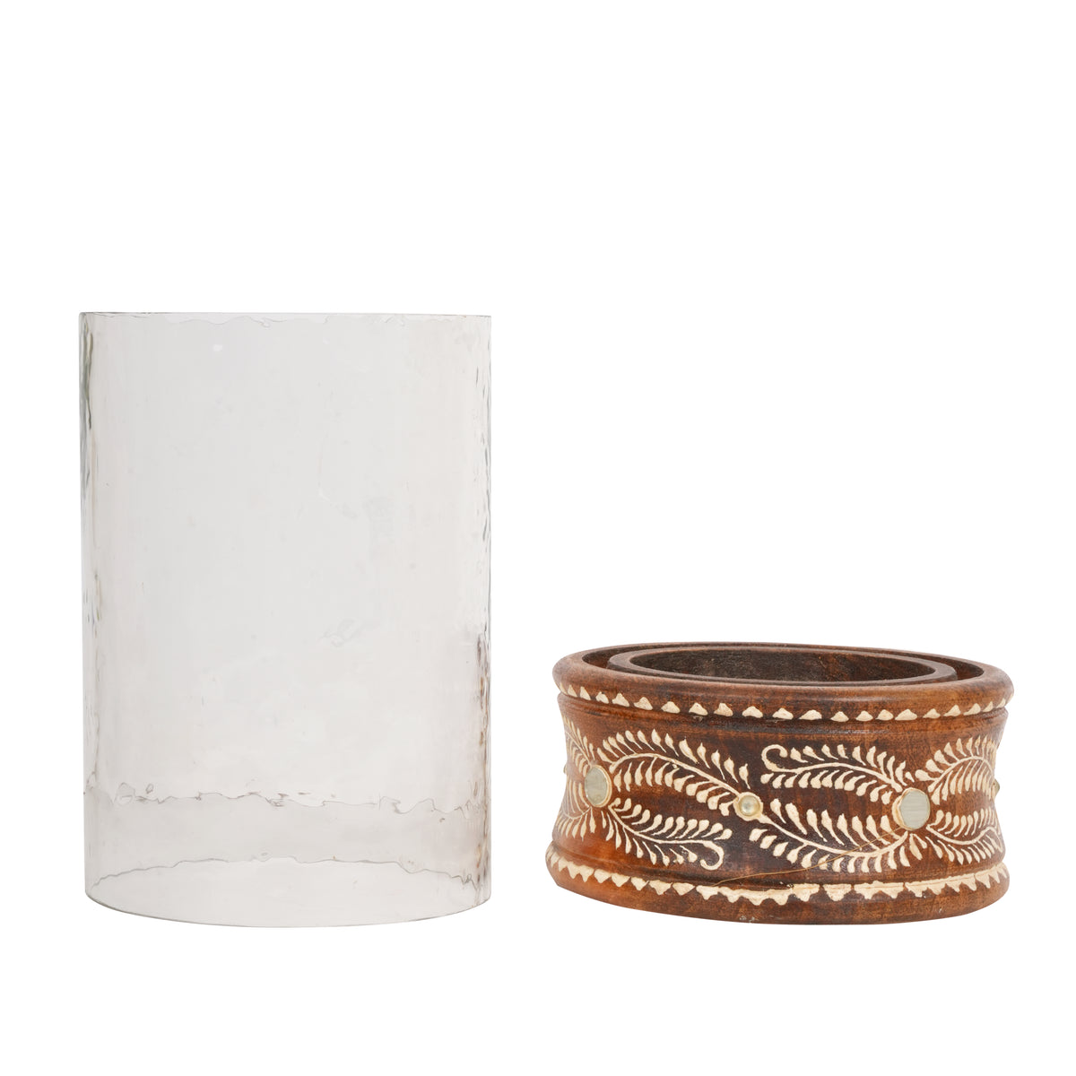 Handcrafted Rajasthani Wooden and Glass Candleholder – Elegant Illumination