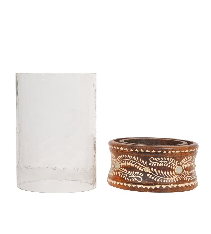 Handcrafted Rajasthani Wooden and Glass Candleholder – Elegant Illumination