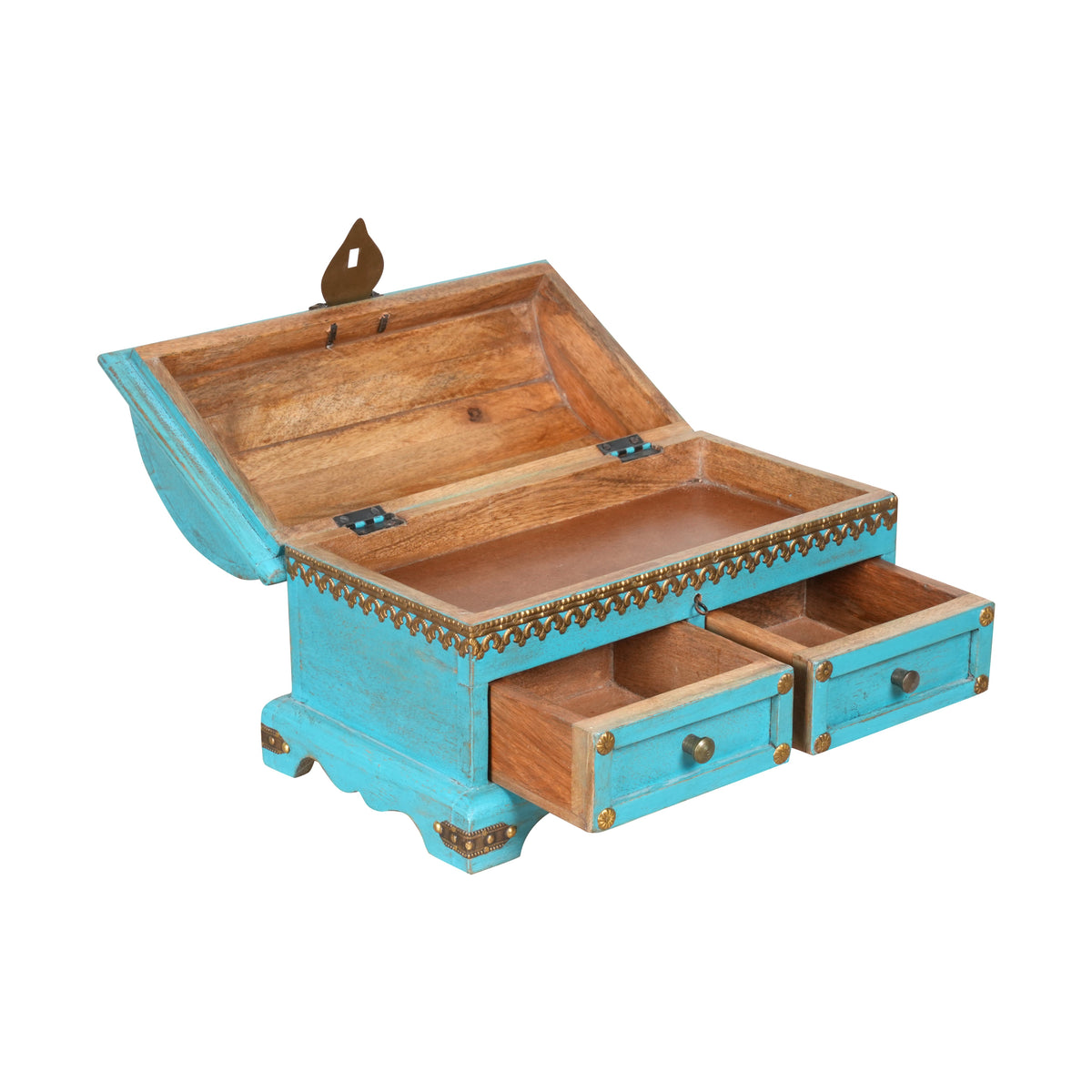 Handcrafted Rajasthani Small Wooden Storage Chest – Vibrant Turquoise & Brass Accents