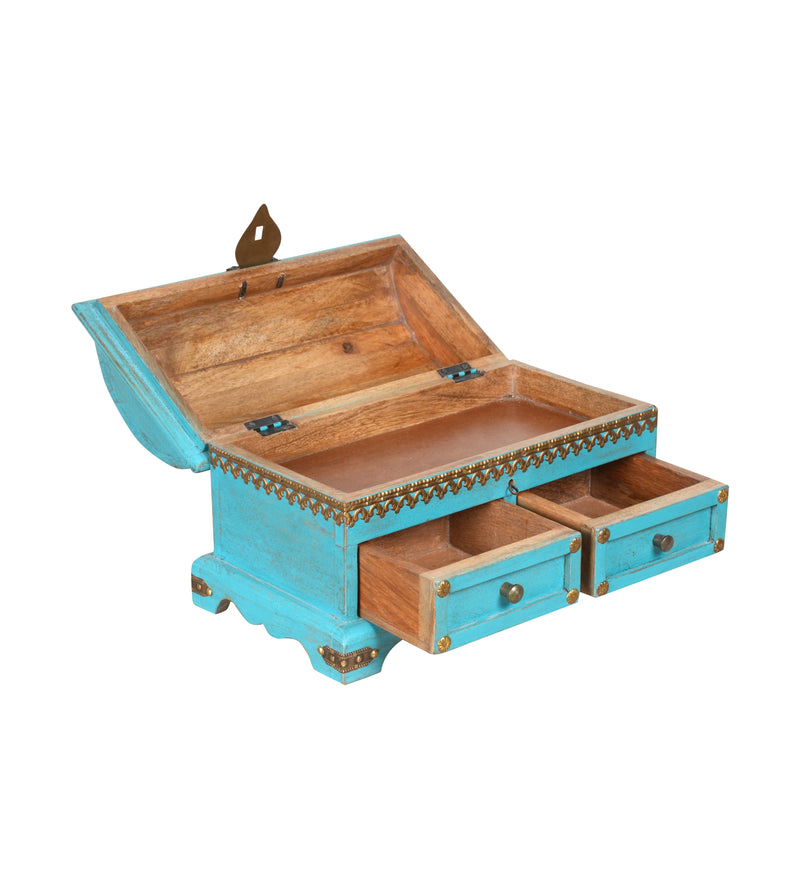 Handcrafted Rajasthani Small Wooden Storage Chest – Vibrant Turquoise & Brass Accents