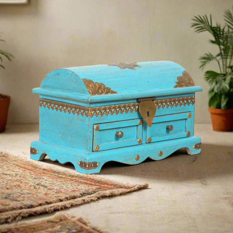Handcrafted Rajasthani Small Wooden Storage Chest – Vibrant Turquoise & Brass Accents