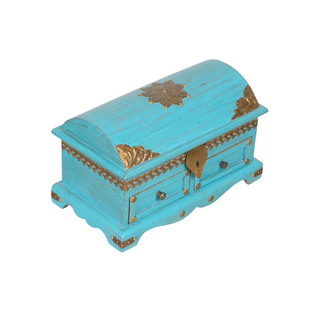 Handcrafted Rajasthani Small Wooden Storage Chest – Vibrant Turquoise & Brass Accents