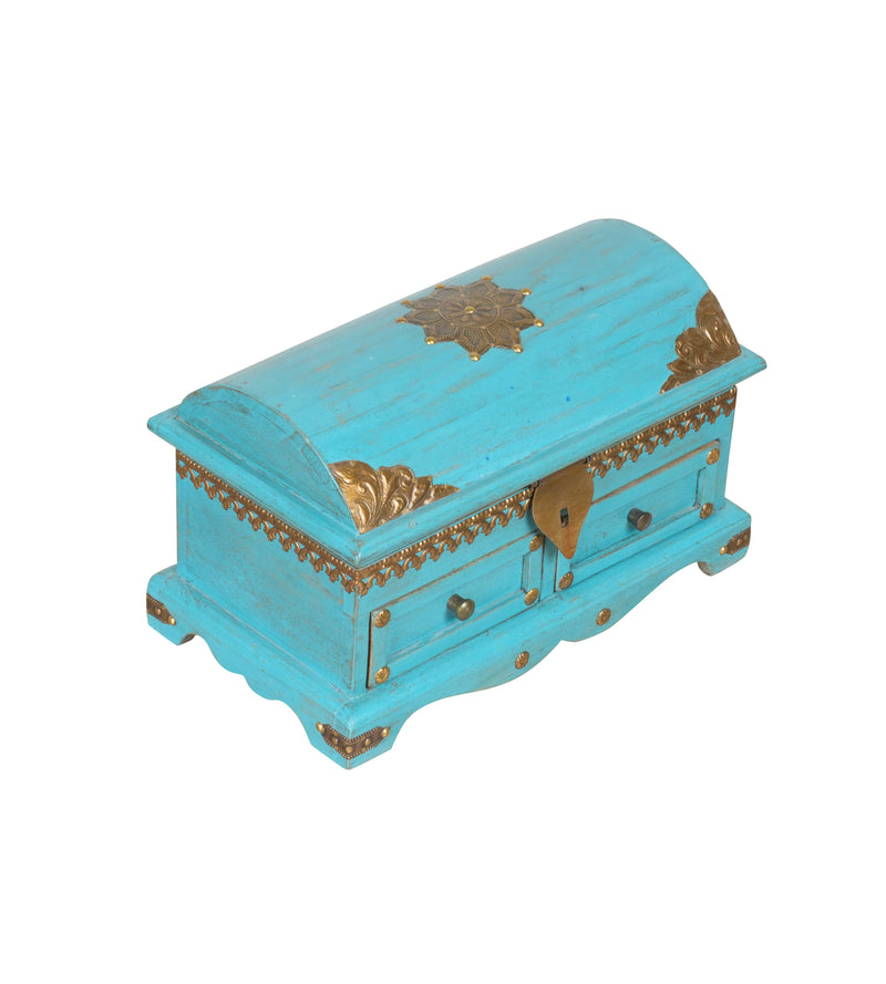 Handcrafted Rajasthani Small Wooden Storage Chest – Vibrant Turquoise & Brass Accents