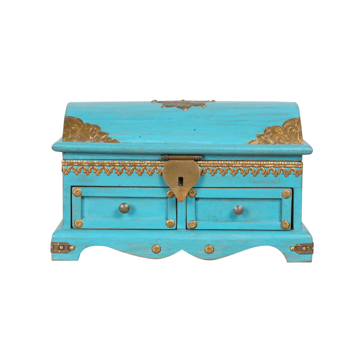 Handcrafted Rajasthani Small Wooden Storage Chest – Vibrant Turquoise & Brass Accents