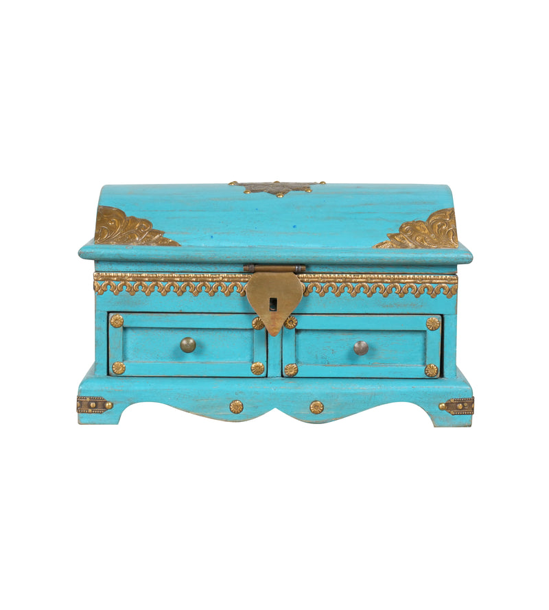 Handcrafted Rajasthani Small Wooden Storage Chest – Vibrant Turquoise & Brass Accents