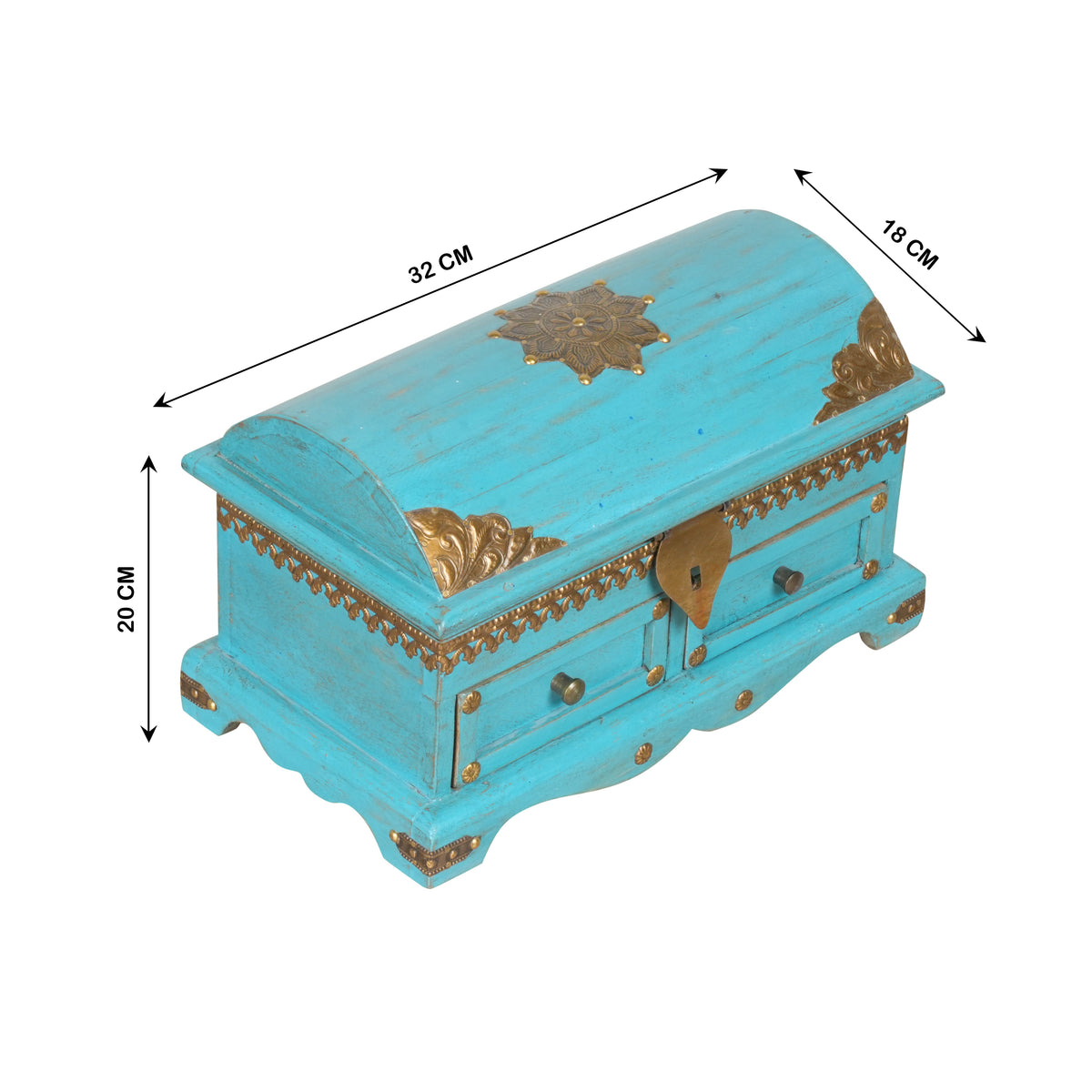 Handcrafted Rajasthani Small Wooden Storage Chest – Vibrant Turquoise & Brass Accents