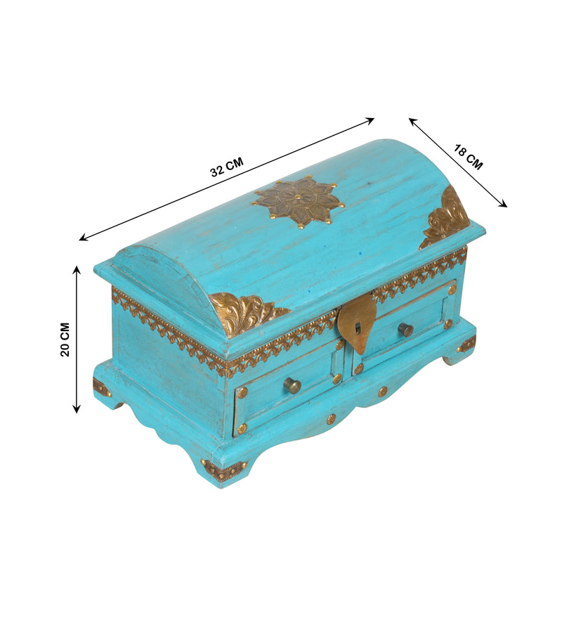 Handcrafted Rajasthani Small Wooden Storage Chest – Vibrant Turquoise & Brass Accents