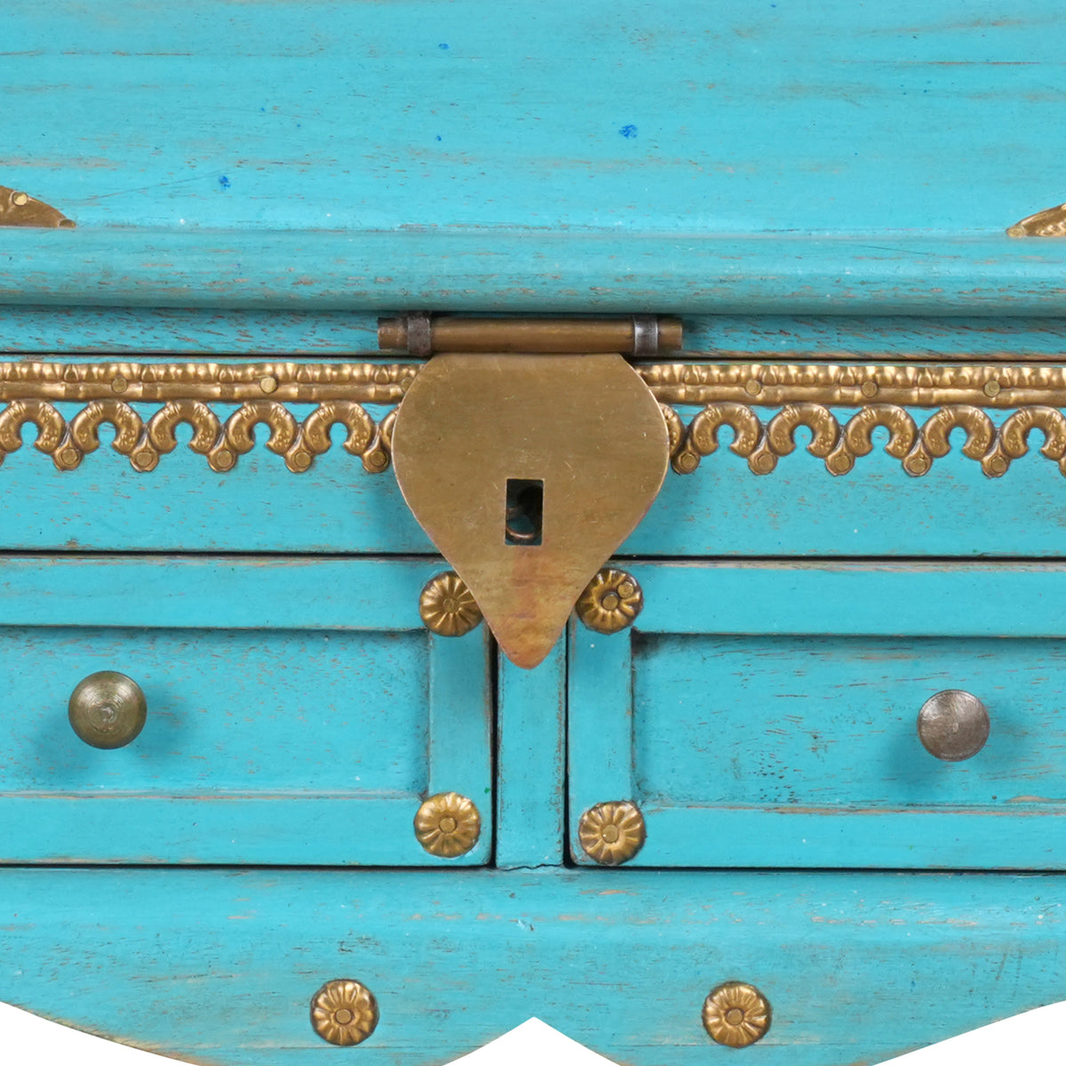 Handcrafted Rajasthani Small Wooden Storage Chest – Vibrant Turquoise & Brass Accents