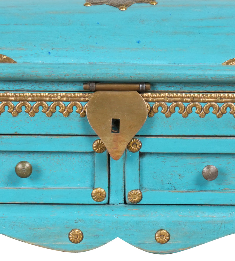 Handcrafted Rajasthani Small Wooden Storage Chest – Vibrant Turquoise & Brass Accents
