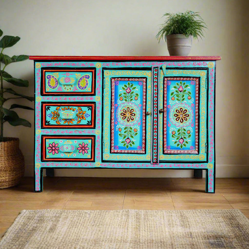 Handcrafted Rajasthani Wooden Sideboard – Vibrant Turquoise & Intricate Painting