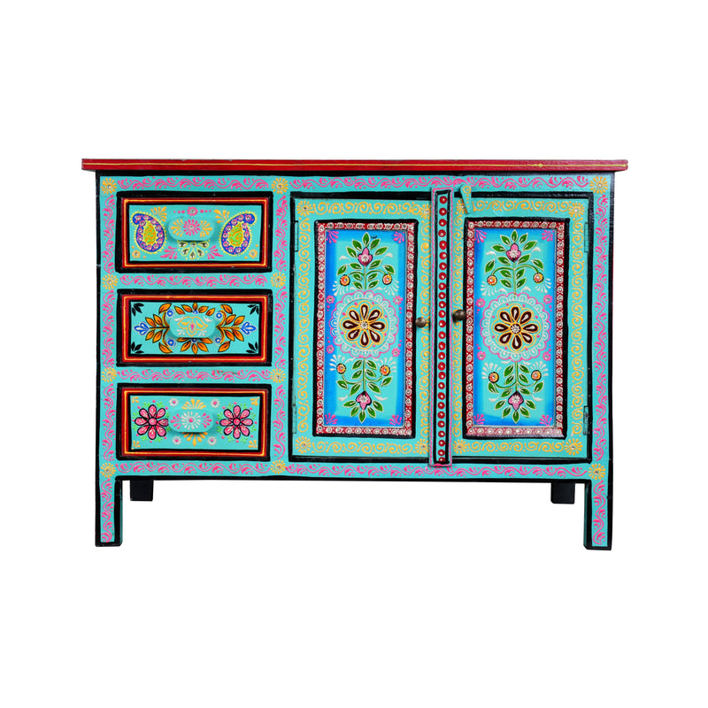 Handcrafted Rajasthani Wooden Sideboard – Vibrant Turquoise & Intricate Painting