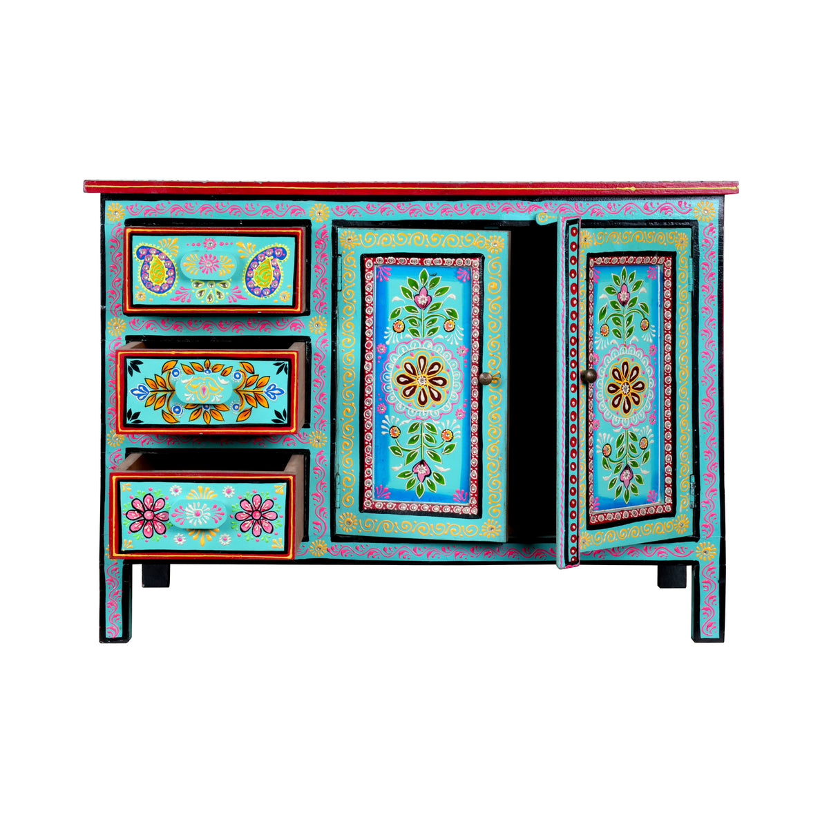 Handcrafted Rajasthani Wooden Sideboard – Vibrant Turquoise & Intricate Painting