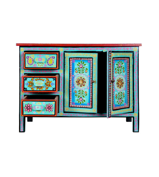 Handcrafted Rajasthani Wooden Sideboard – Vibrant Turquoise & Intricate Painting