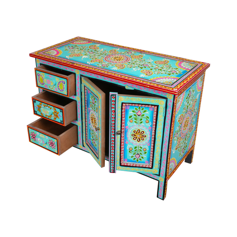 Handcrafted Rajasthani Wooden Sideboard – Vibrant Turquoise & Intricate Painting