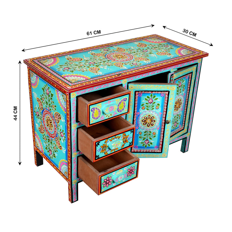 Handcrafted Rajasthani Wooden Sideboard – Vibrant Turquoise & Intricate Painting