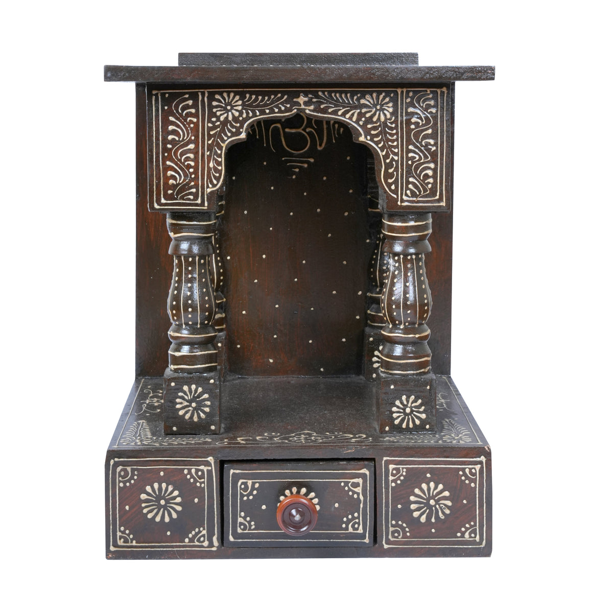 Handcrafted Rajasthani Wooden Temple with Drawers – Traditional Jharoka Design