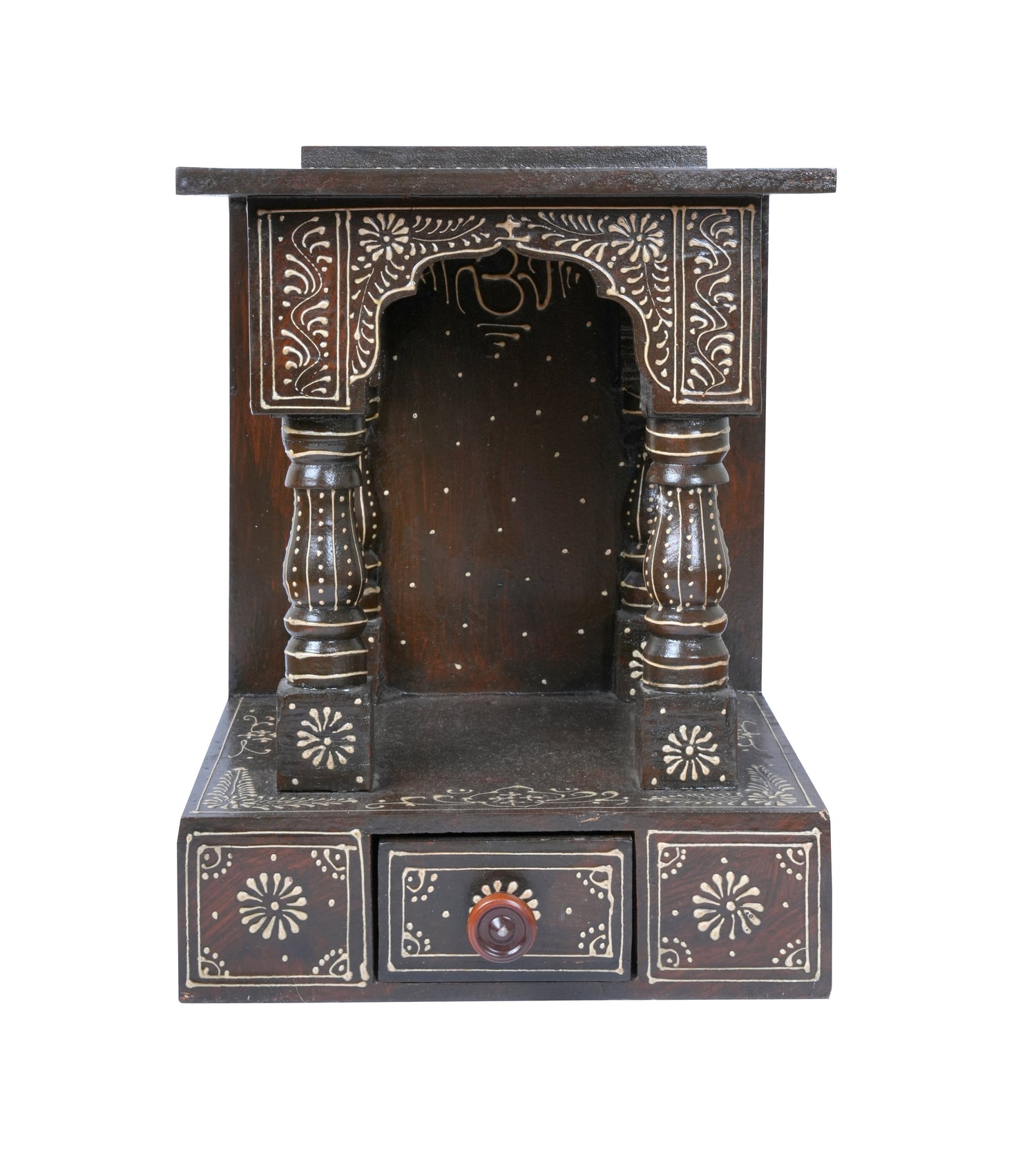Handcrafted Rajasthani Wooden Temple with Drawers – Traditional Jharoka Design
