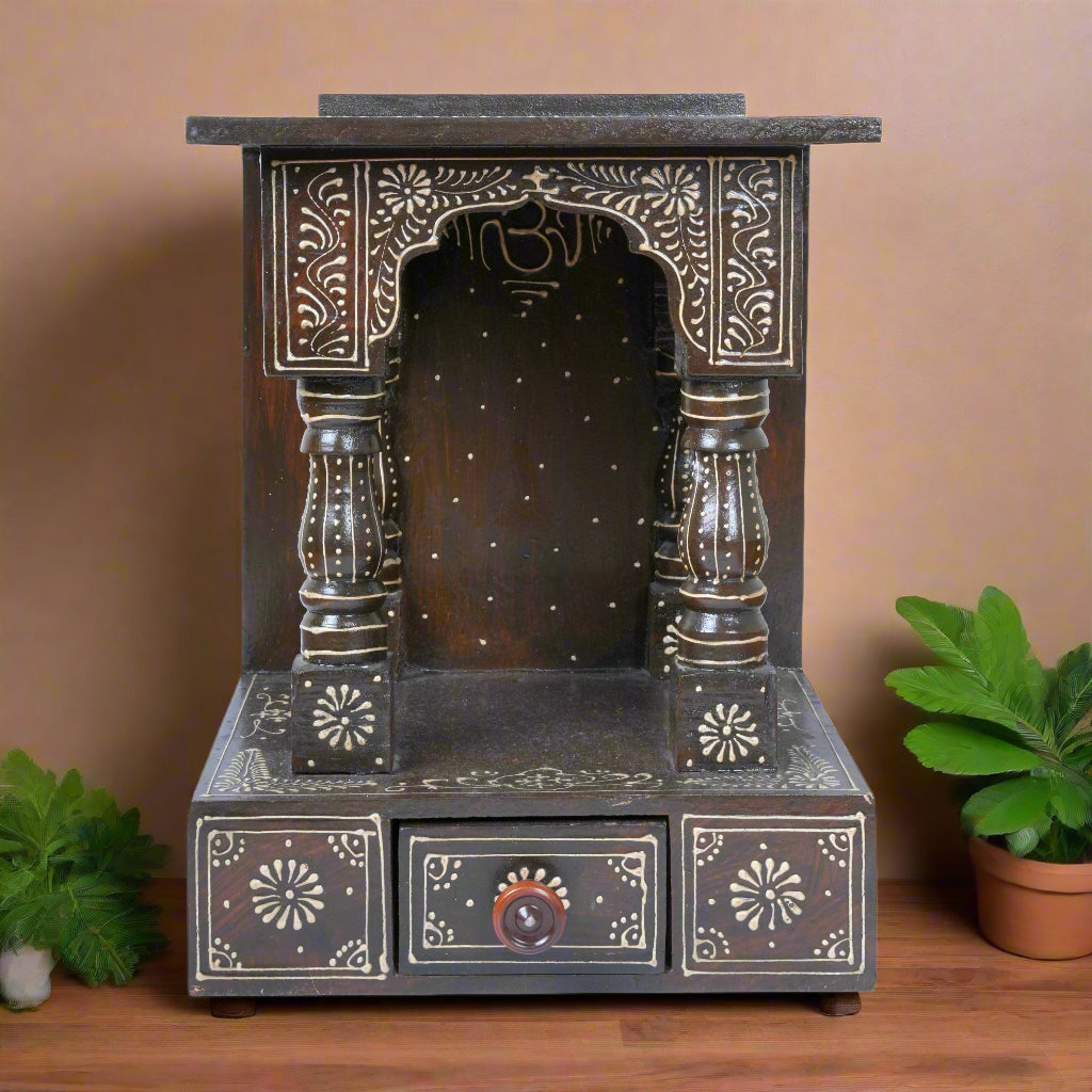 Handcrafted Rajasthani Wooden Temple with Drawers – Traditional Jharoka Design