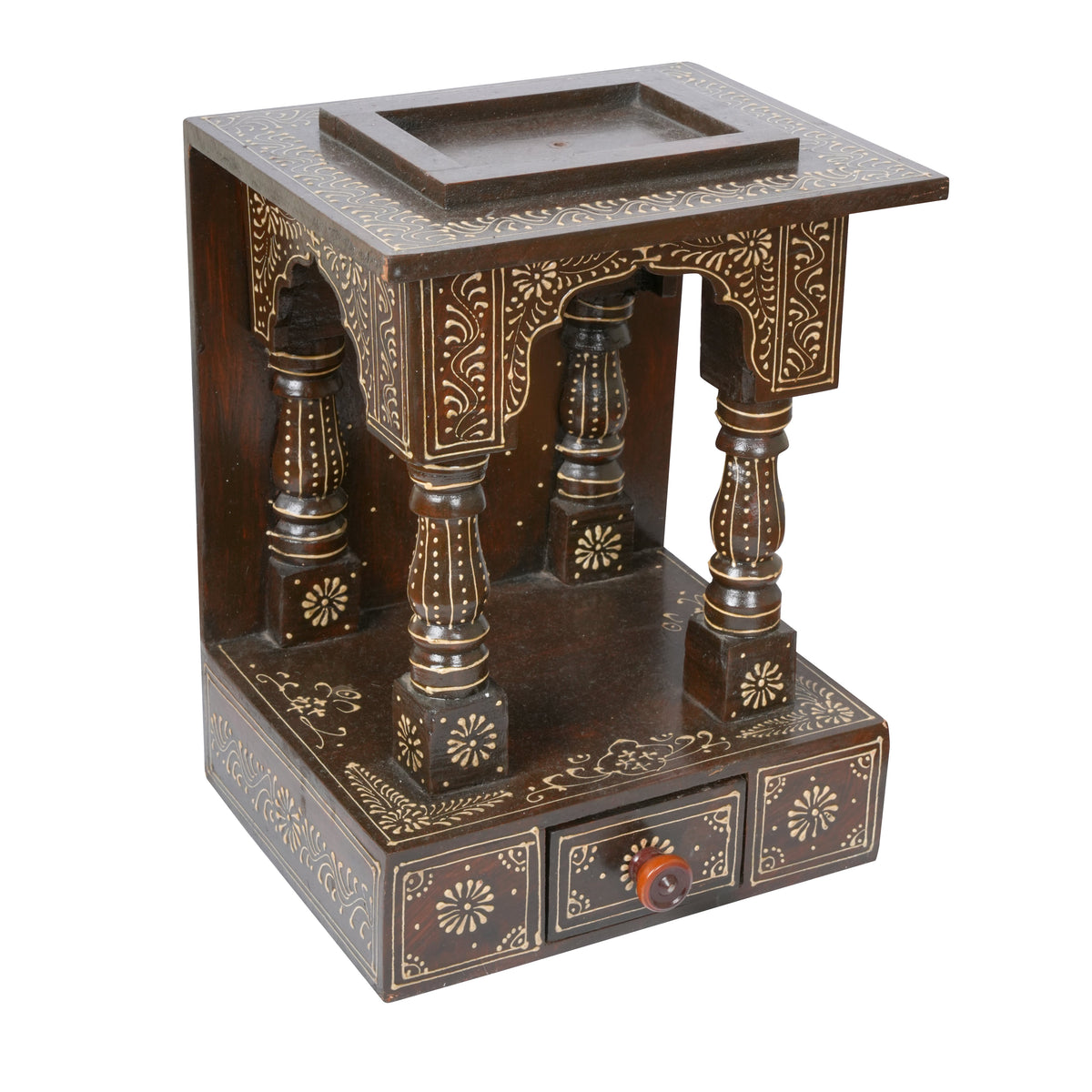 Handcrafted Rajasthani Wooden Temple with Drawers – Traditional Jharoka Design