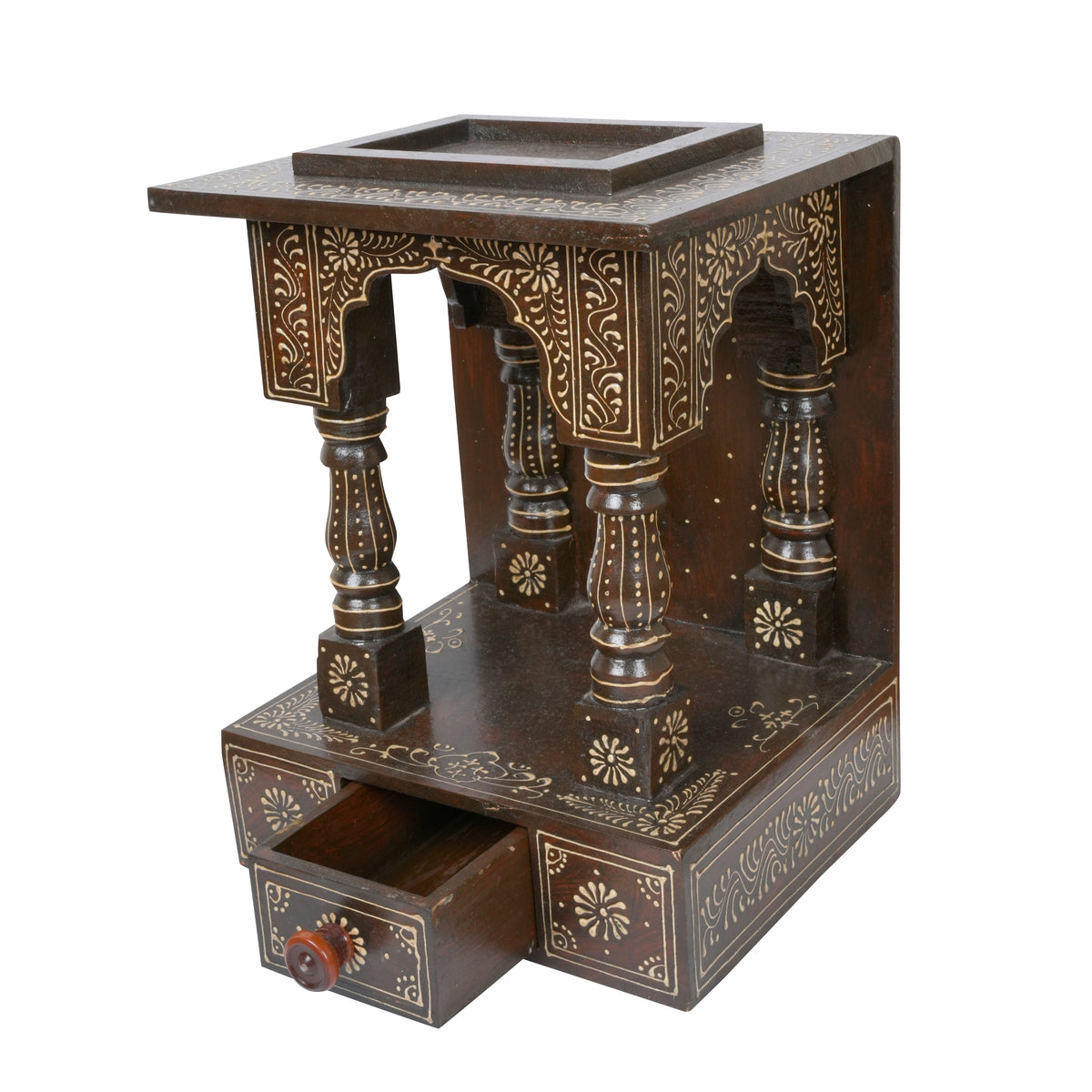 Handcrafted Rajasthani Wooden Temple with Drawers – Traditional Jharoka Design