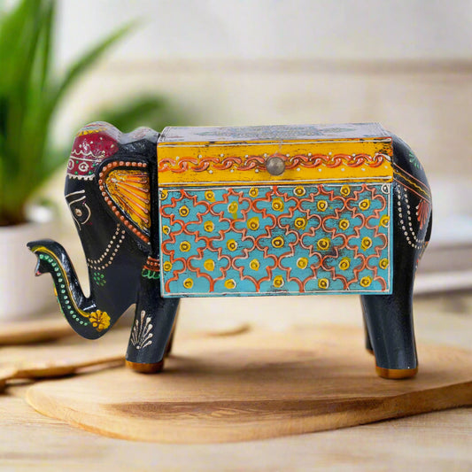 Hand-Painted Wooden Elephant Trinket Box