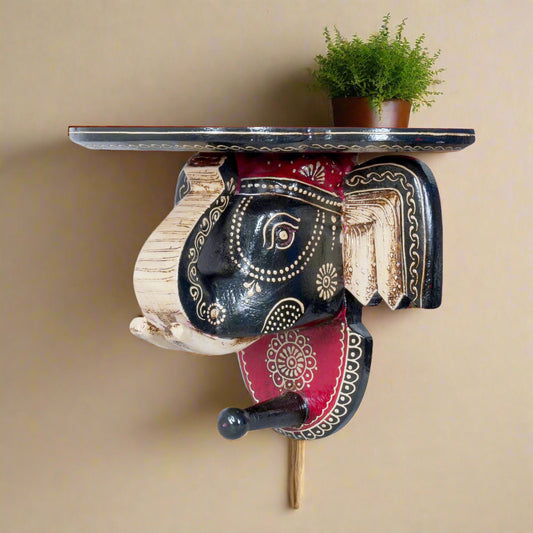 Hand-Painted Wooden Elephant Wall Bracket and Shelf