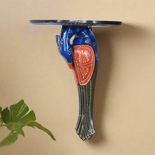 Hand-Painted Wooden Peacock Wall Bracket and Shelf