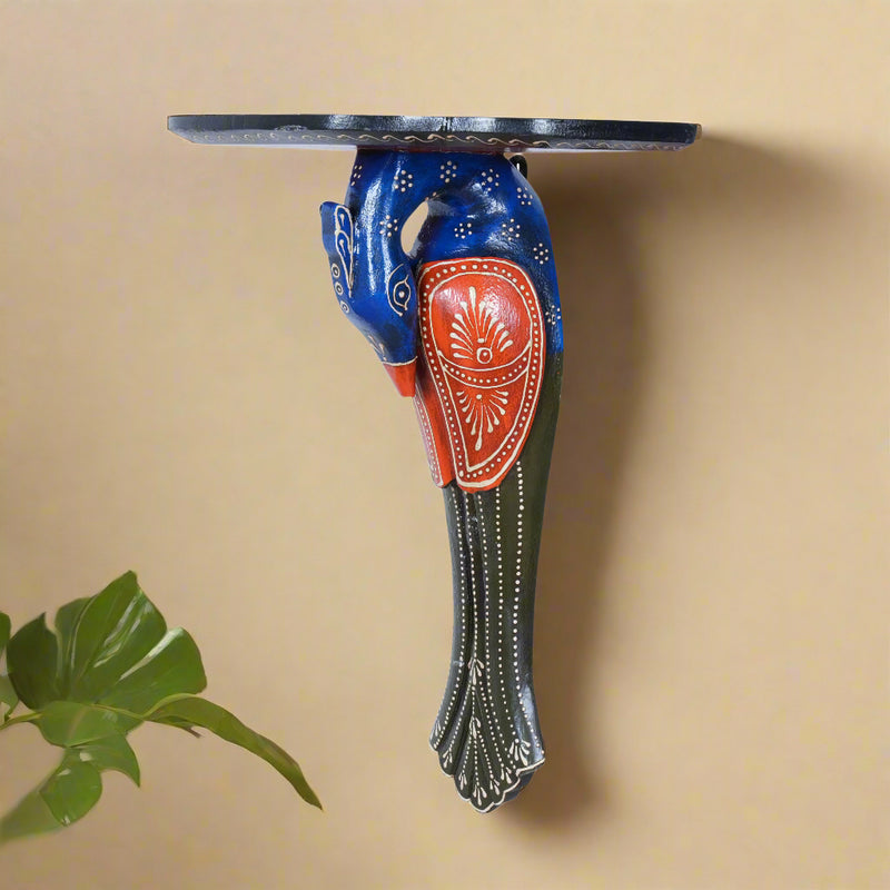 Hand-Painted Wooden Peacock Wall Bracket and Shelf